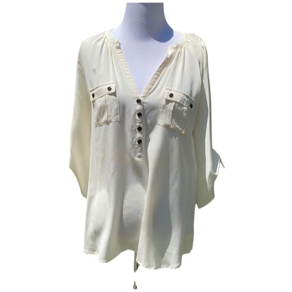 Yumi Kim Cream Silk Collarless V-Neck Blouse - Picture 1 of 7